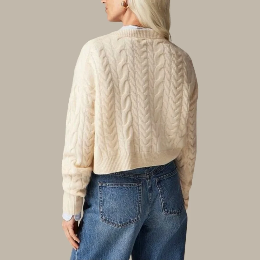 New! J. Crew Cashmere Cropped Cable Knit V-neck Sweater XL